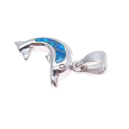 925 Sterling Silver Vintage Real Opal Dolphin Mini Charm Pendant