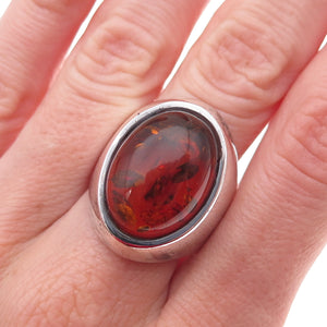 925 Sterling Silver Vintage Real Amber Modernist Oxidized Ring Size 9.25