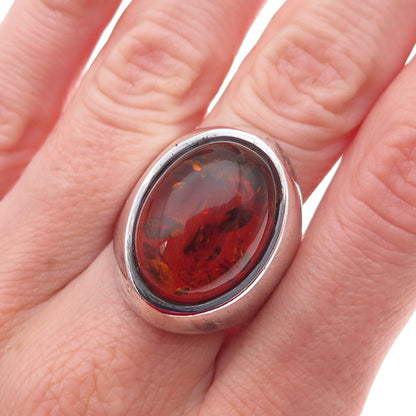 925 Sterling Silver Vintage Real Amber Modernist Oxidized Ring Size 9.25