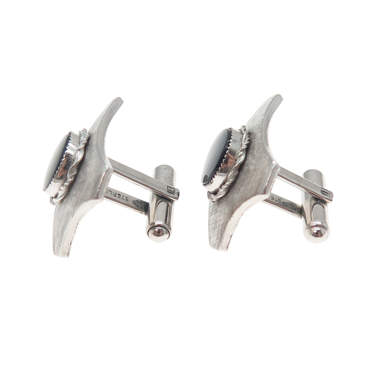 925 Sterling Silver Vintage PRK Real Round-Cut Black Onyx Cufflinks