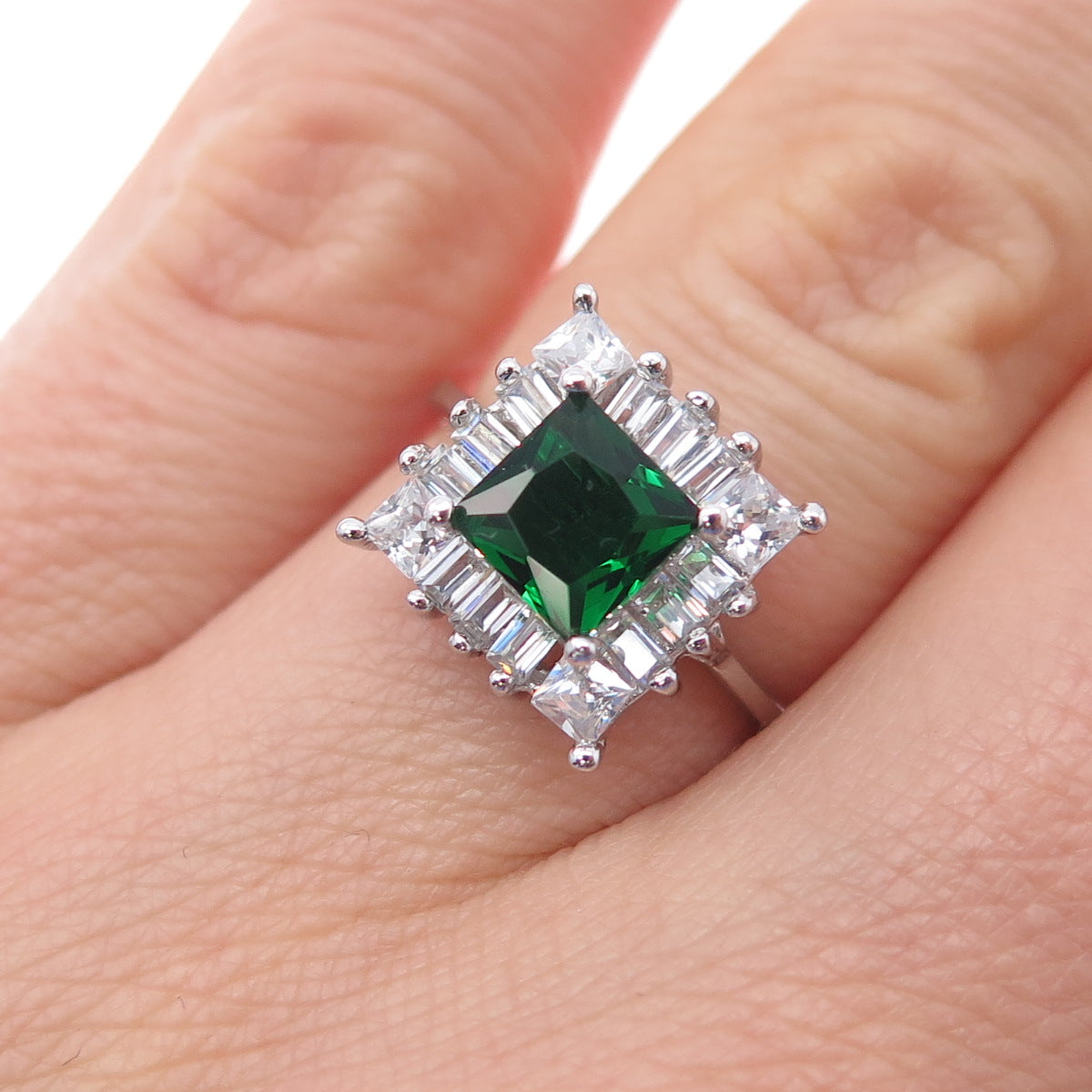 925 Sterling Silver Real Chrome Diopside & C Z Bohemian Ring Size 6.25