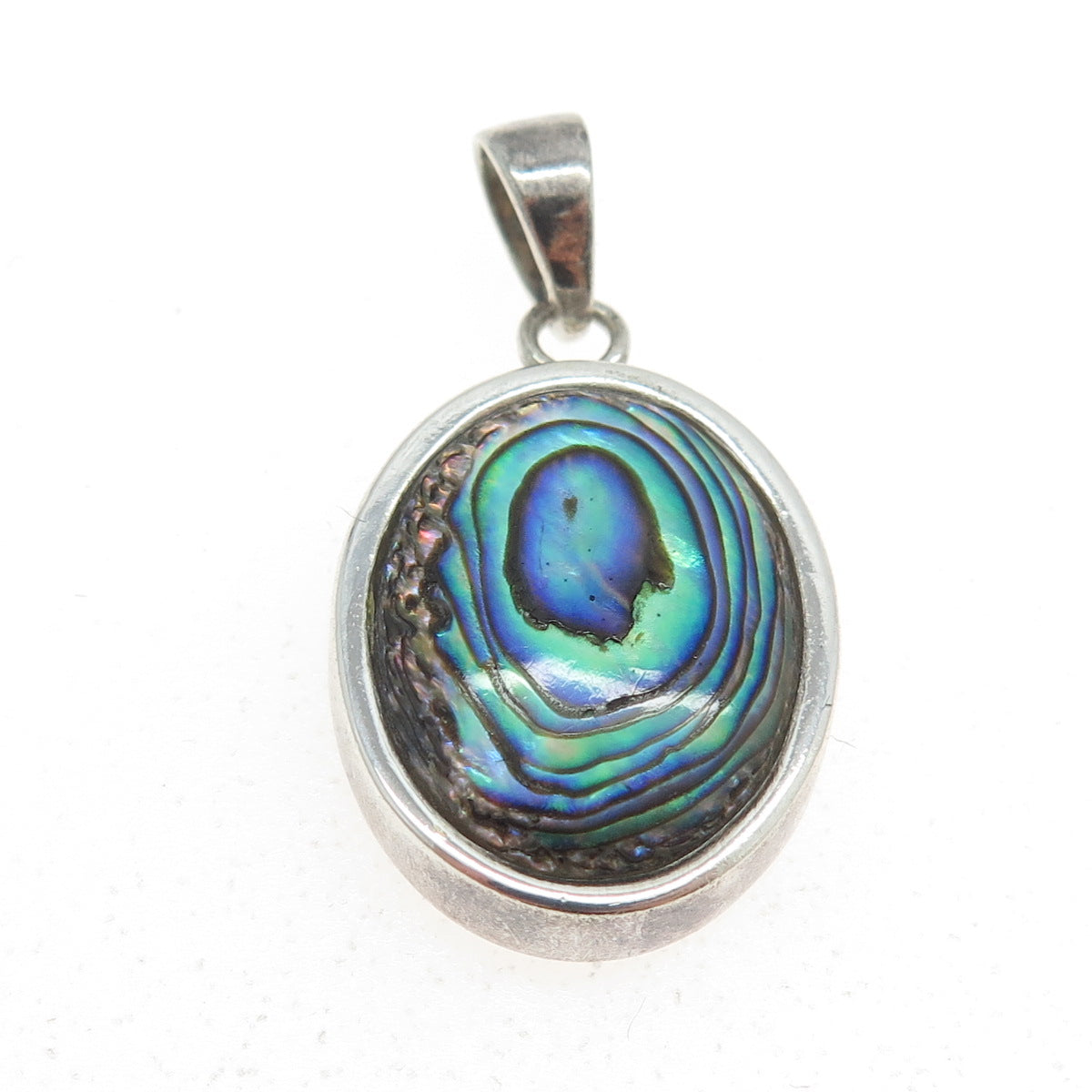 925 Sterling Silver Vintage Real Abalone Shell Oval Pendant