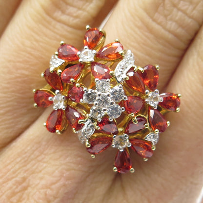 DSMK 925 Sterling Silver Gold Plated Fire Sapphire & White Topaz Ring Size 7.25