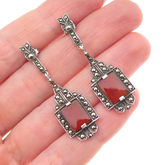 925 Sterling Silver Vintage Real Carnelian & Marcasite Oxidized Dangle Earrings