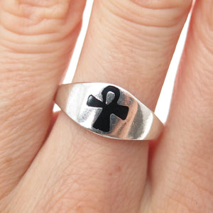 925 Sterling Silver Vintage Real Black Onyx Egyptian Ankh Ring Size 8
