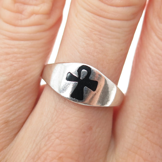 925 Sterling Silver Vintage Real Black Onyx Egyptian Ankh Ring Size 8