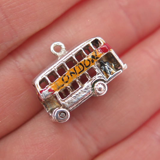 925 Sterling Silver Antique Art Deco Enamel London Bus Mini 3D Charm Pendant