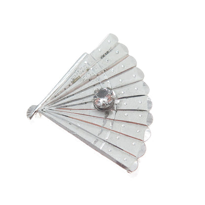 925 Sterling Silver Vintage Real White Topaz Japanese Fan Pin Brooch
