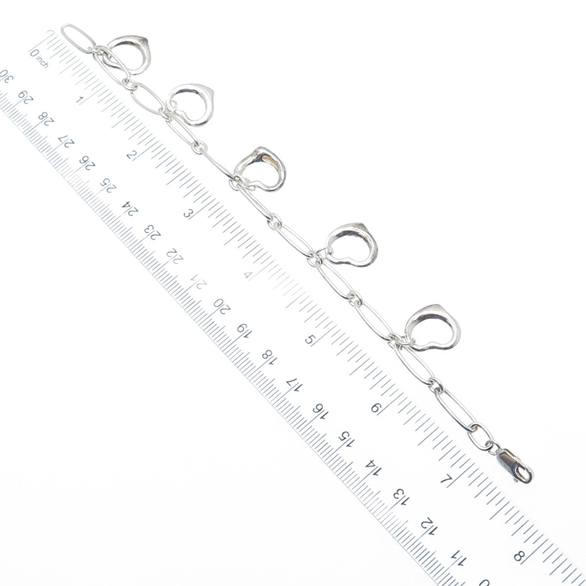 925 Sterling Silver Vintage Open Heart Charms Paperclip Link Bracelet 7"