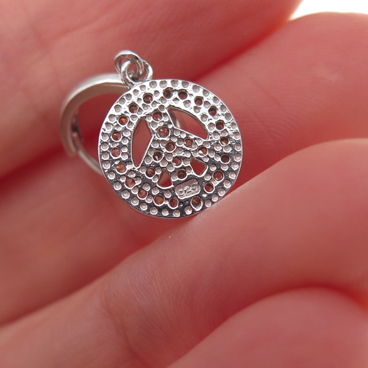 925 Sterling Silver Round-Cut C Z Peace Symbol Dangle Earrings