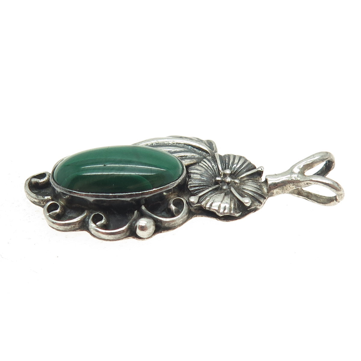 CAROL FELLEY Sterling Silver Vintage 1994 Real Malachite Floral Feather Pendant