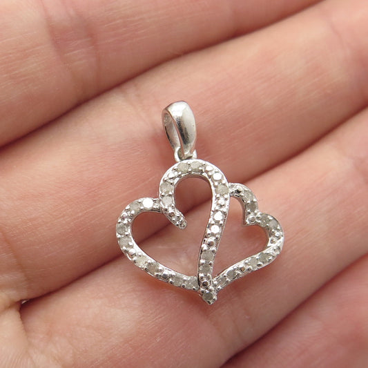 925 Sterling Silver Real Round-Cut Diamond Double Open Heart Pendant