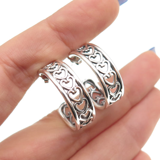 925 Sterling Silver Vintage Heart Link Oxidized Hoop Earrings