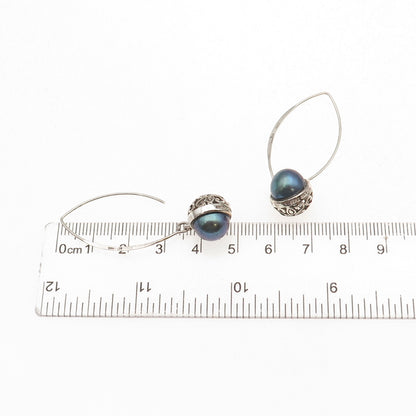 Collins 925 Sterling Silver Vintage Real Tahitian Pearl Dangle Earrings