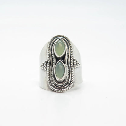 925 Sterling Silver Vintage Real Green Chalcedony Gemstone Ethnic Ring Size 5.5