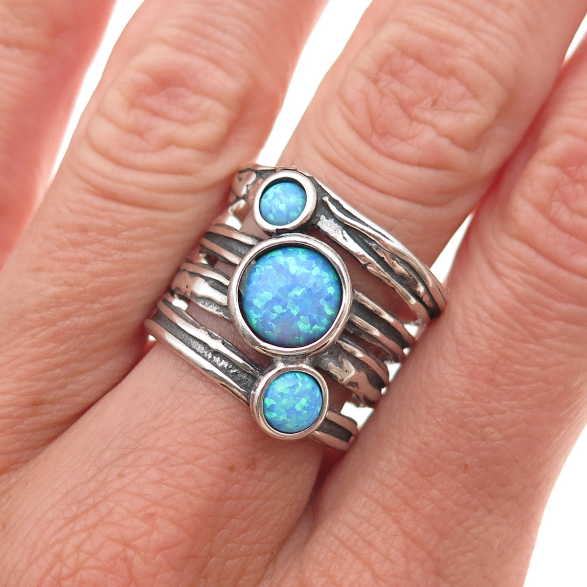 Didae Sterling Silver Vintage Israel Real Opal Modernist Oxidized Ring Size 8.5