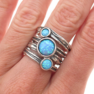 Didae Sterling Silver Vintage Israel Real Opal Modernist Oxidized Ring Size 8.5