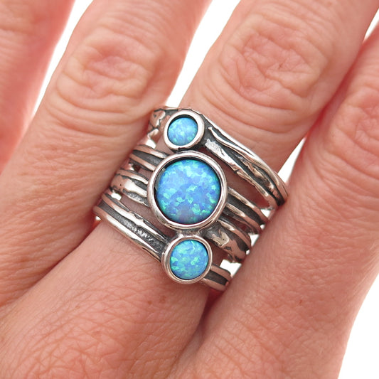 Didae Sterling Silver Vintage Israel Real Opal Modernist Oxidized Ring Size 8.5