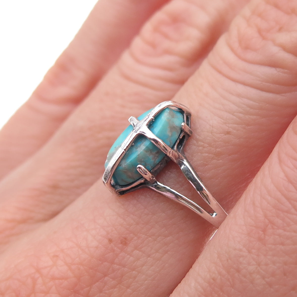 925 Sterling Silver Vintage Real Turquoise Cross Oxidized Ring Size 8.5