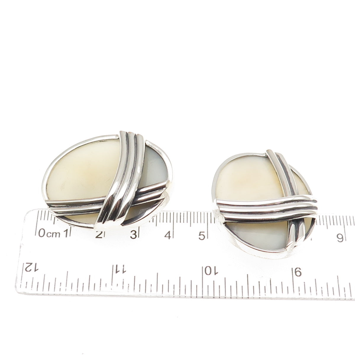 Ture Designs 925 Sterling Silver Vintage Real MOP Modernist Clip On Earrings