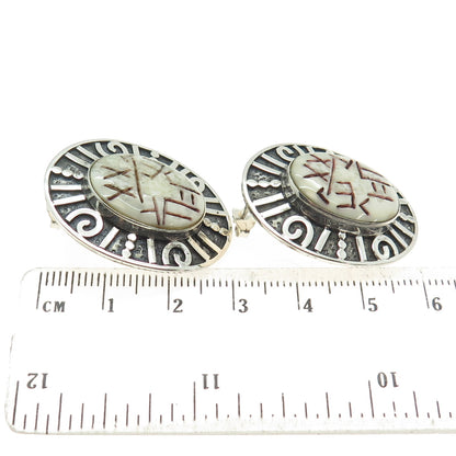 ZEALANDIA 925 Sterling Silver Vintage Real Carved Jasper Ethnic Symbols Earrings