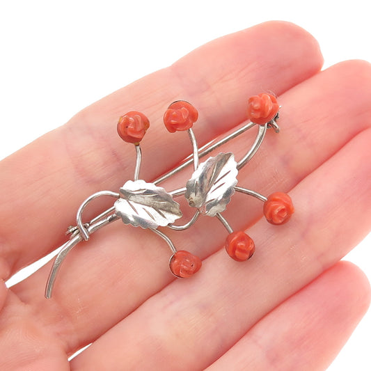 800 Silver Antique Art Deco Real Coral Rose Floral Oxidized Pin Brooch