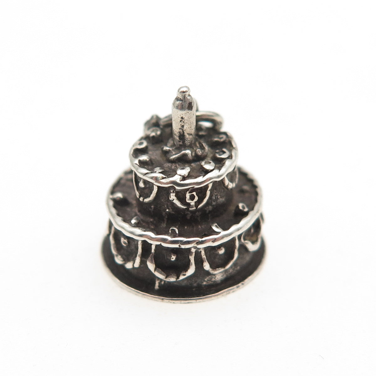 BEAU 925 Sterling Silver Antique Art Deco Happy Birthday Cake 3D Mini Pendant