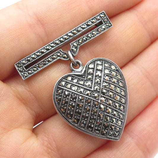 925 Sterling Silver Vintage Real Marcasite Heart Oxidized Pin Brooch