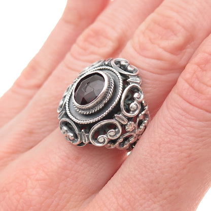 835 Silver Antique Art Deco Austria Real Red Garnet Floral Oxidized Ring Size 7