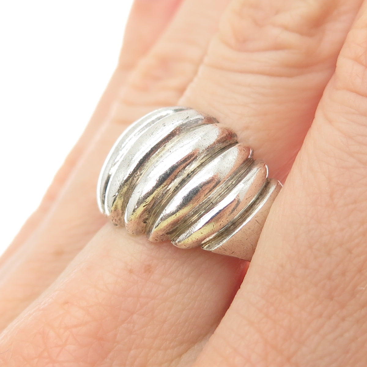 925 Sterling Silver Vintage Modernist Ribbed Oxidized Ring Size 9