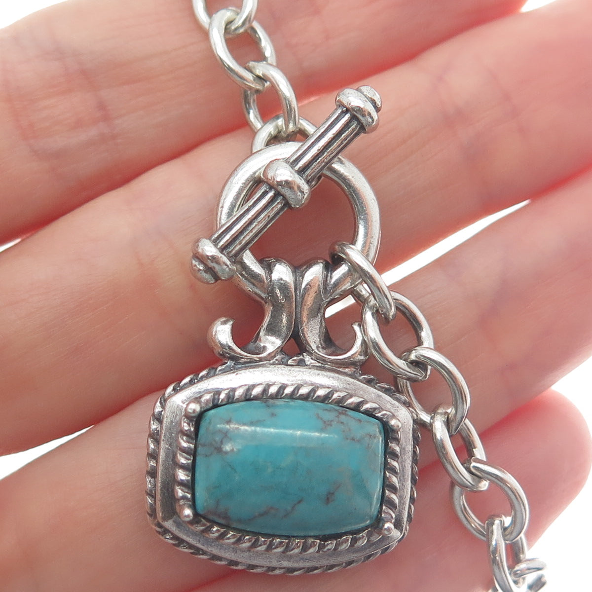 ROSS SIMONS 925 Sterling Vintage Real Tyrone Turquoise Rolo Chain Necklace 16"