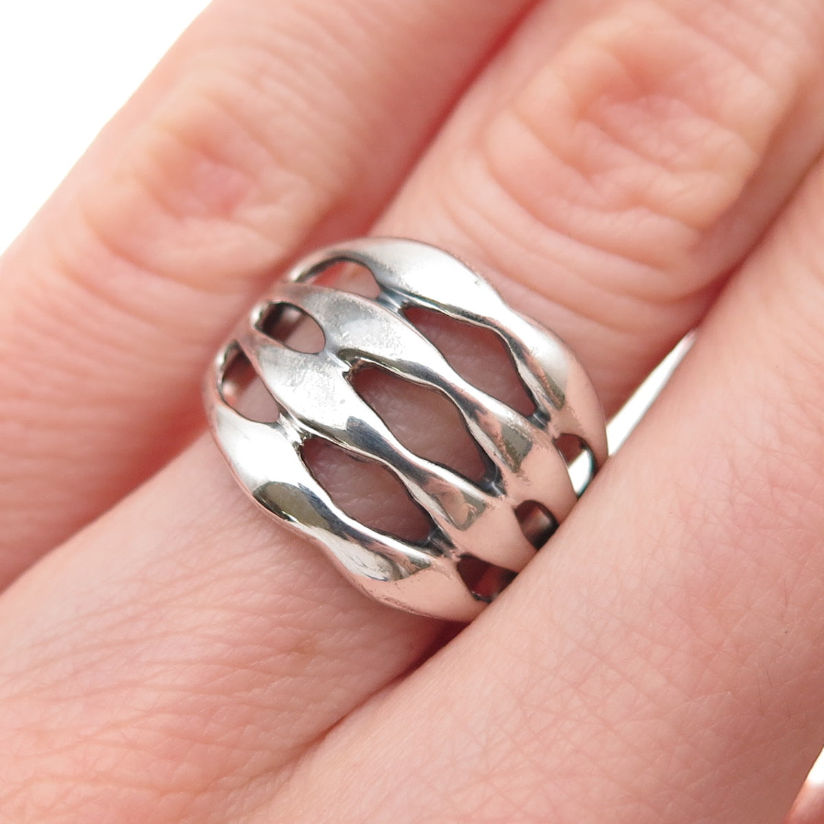 925 Sterling Silver Vintage Modernist 4-Row Oxidized Ring Size 6