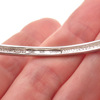925 Sterling Silver Real Round-Cut Diamond Heart Station Bangle Bracelet 7"