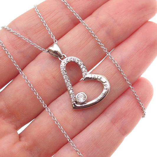 925 Sterling Silver Round-Cut C Z Love You Mom Heart Cable Chain Necklace 18"