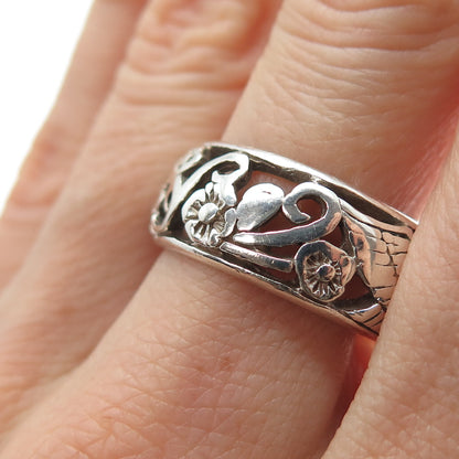 HAN 925 Sterling Silver Vintage Flower Blossom Oxidized Band Ring Size 8.75