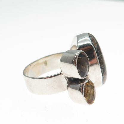 ARYA 925 Sterling Silver Vintage Real Fossil Smoky Quartz & Citrine Ring Size 10
