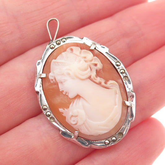 800 Silver Vintage Real MOP Marcasite Lady Cameo Pin Pendant (missing 3 stones)
