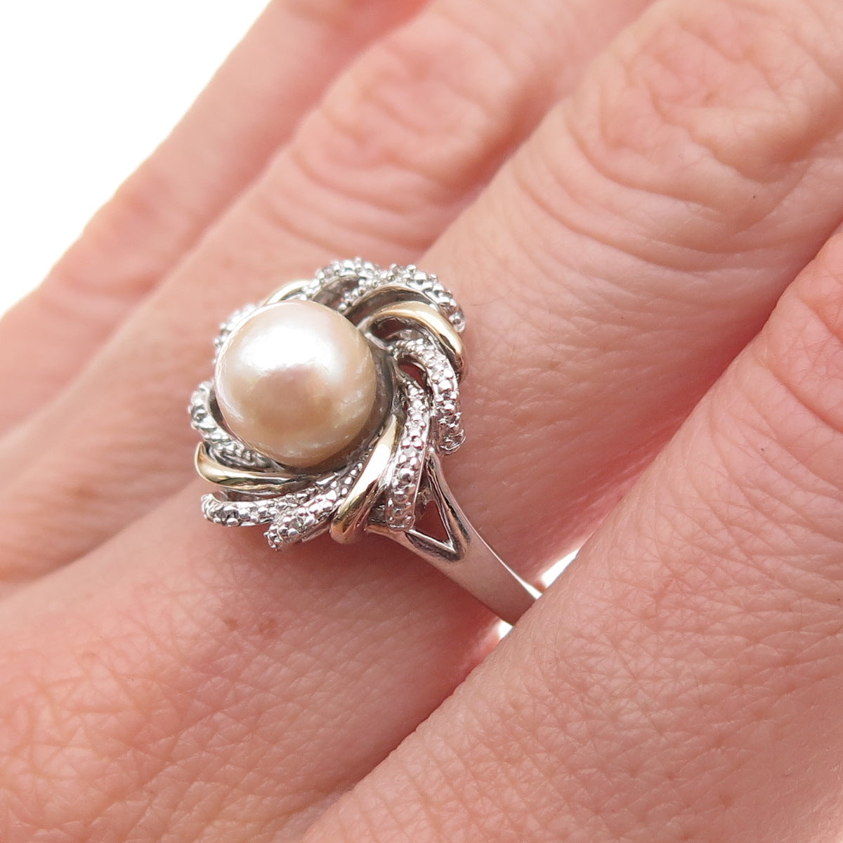 Richline 925 Sterling Silver 14K Gold Real Diamond & Pearl Floral Ring Size 7