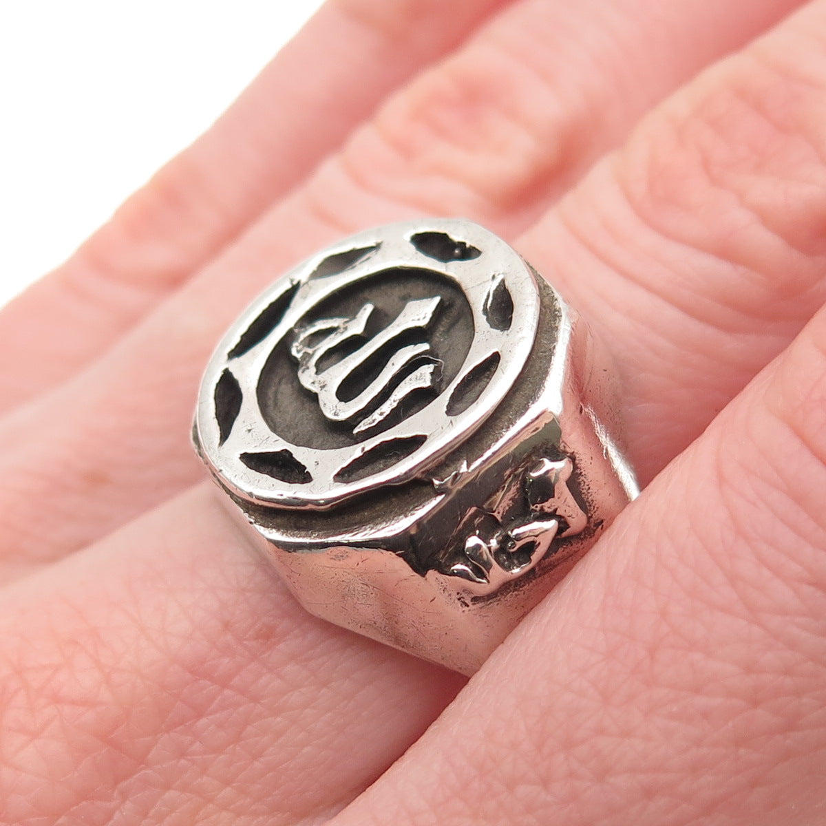 925 Sterling Silver Vintage Allah Islam Religious Oxidized Signet Ring Size 9