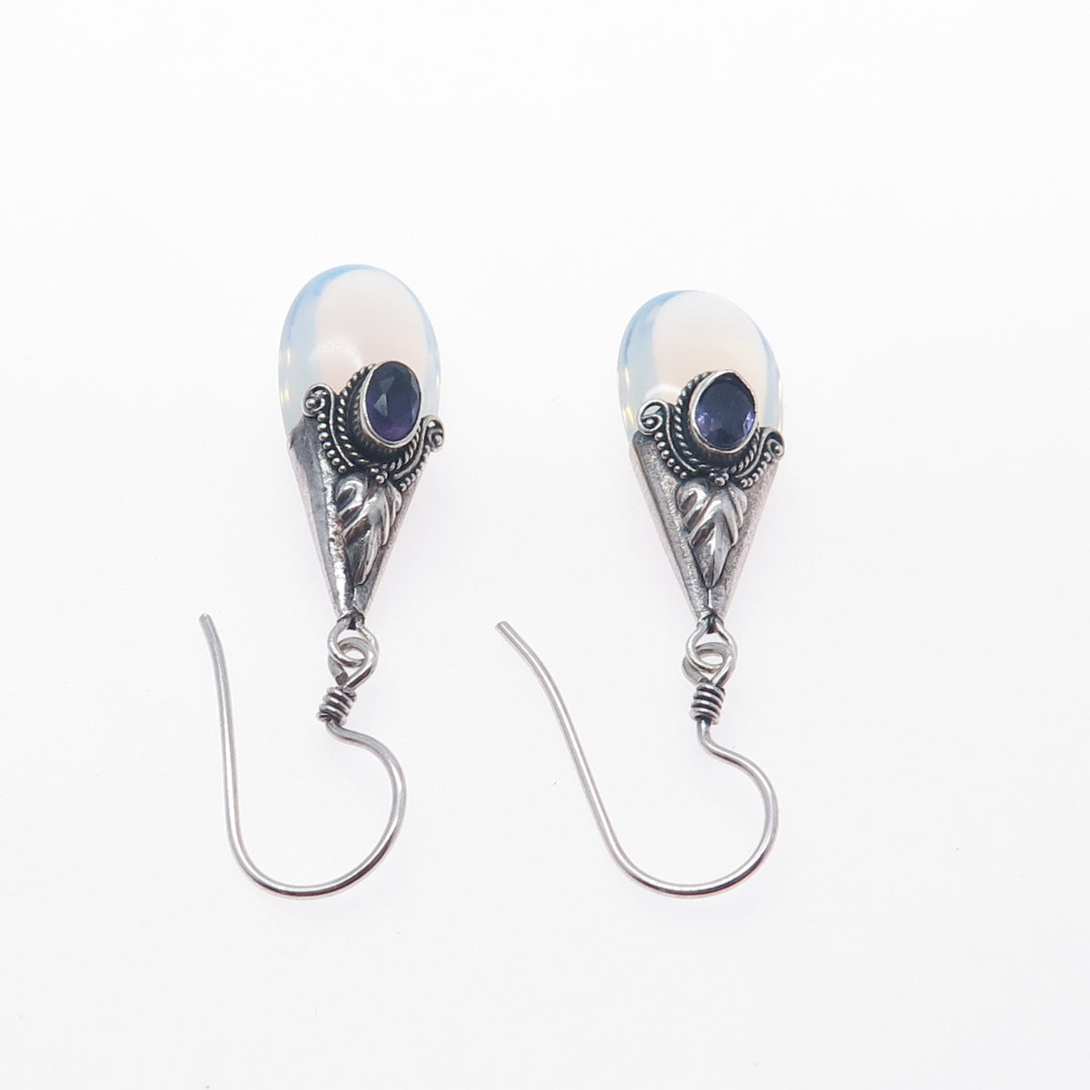 925 Sterling Silver Vintage Real Amethyst & Opalite Modernist Dangle Earrings