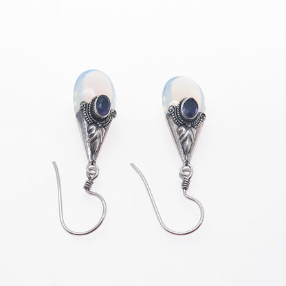 925 Sterling Silver Vintage Real Amethyst & Opalite Modernist Dangle Earrings