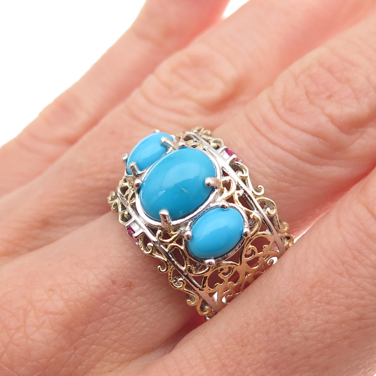 Chuck Clemency 925 Sterling Silver 2-Tone Real Turquoise & Ruby Ring Size 8.5