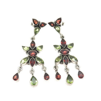 925 Sterling Silver Vintage Real Multi-Cut Red Garnet Peridot Dangling Earrings