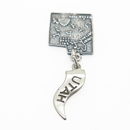 925 Sterling Silver Vintage Utah State Map Oxidized Minimalist Charm Pendant