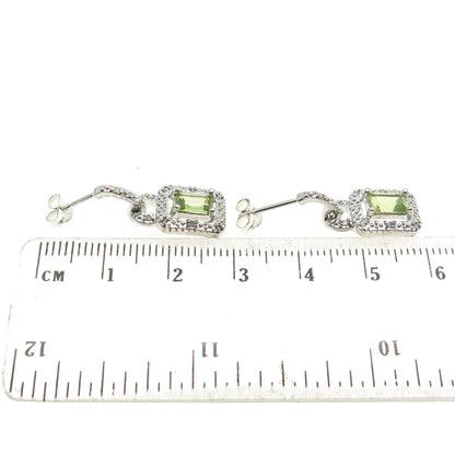 925 Sterling Silver Real Round-Cut Diamond & Emerald-Cut Peridot Dangle Earrings