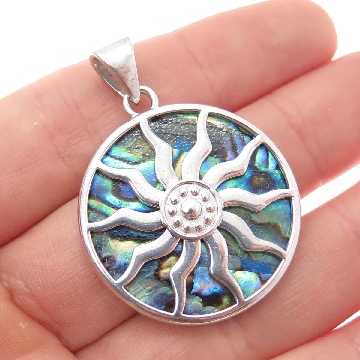 925 Sterling Silver Vintage Real Abalone Shell Sun Pendant
