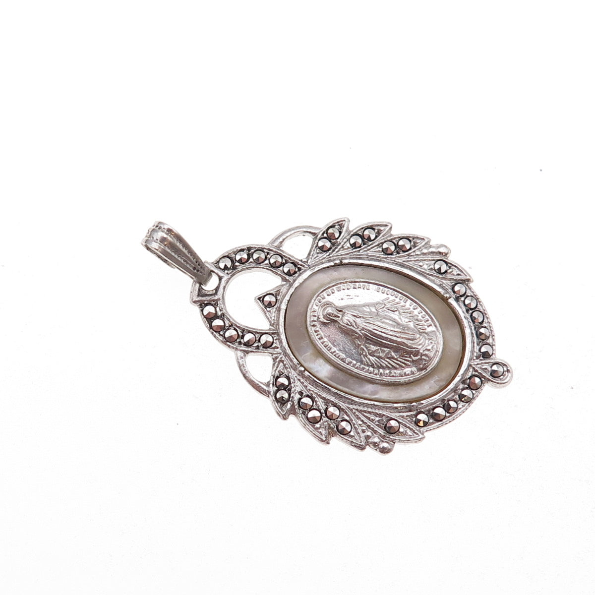 925 Sterling Silver Antique Art Deco Real MOP & Marcasite St. Mary Charm Pendant