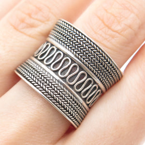 925 Sterling Silver Vintage Wheat & Wavy Oxidized Adjustable Cuff Ring Size 8