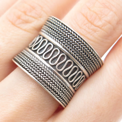925 Sterling Silver Vintage Wheat & Wavy Oxidized Adjustable Cuff Ring Size 8