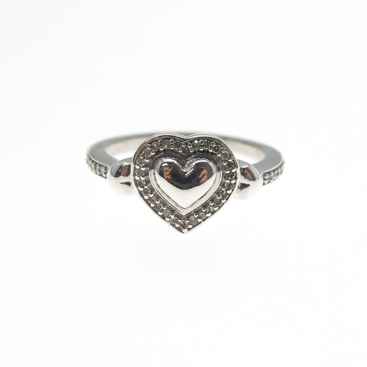 925 Sterling Silver Real Round-Cut Diamond Heart Ring Size 6.75